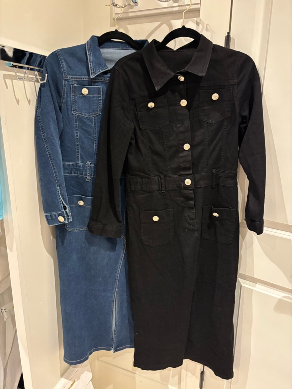 Set of TWO long blue and black stretch Denim Long Jacket Dresses. Both one price